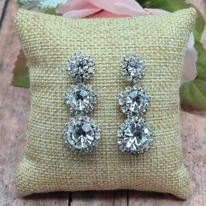 Silver Tone Drop Dangle Clear Crystal Statement Earrings Prom Formal Event 1.5"